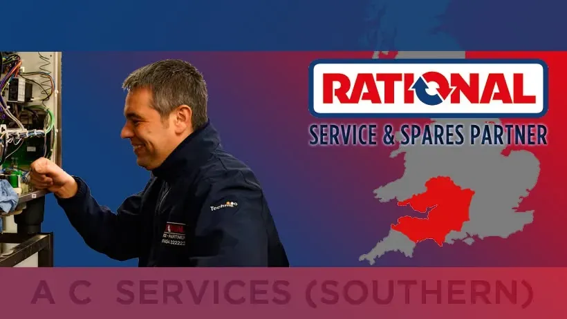An engineer working on an appliance’s wiring, beside the Rational Service & Spares Partner logo and the A C Services (Southern) name